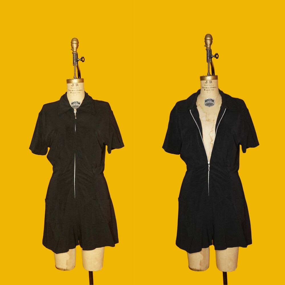 1990s TOWER USA EXPOSED ZIPPER Slouchy Short Sleeve Romper W/Front Pockets. M-L